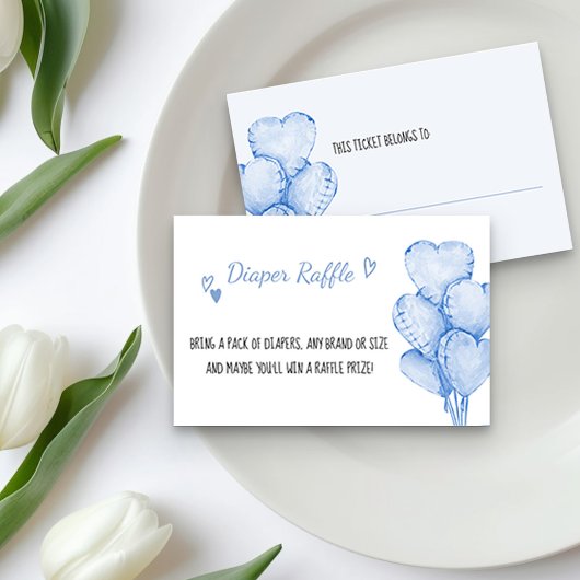 Luier Raffle Ticket met Blauwe Hart Ballonnen Informatiekaartje
