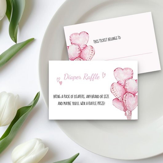 Luier Raffle Ticket met Roze Hart Ballonnen Informatiekaartje