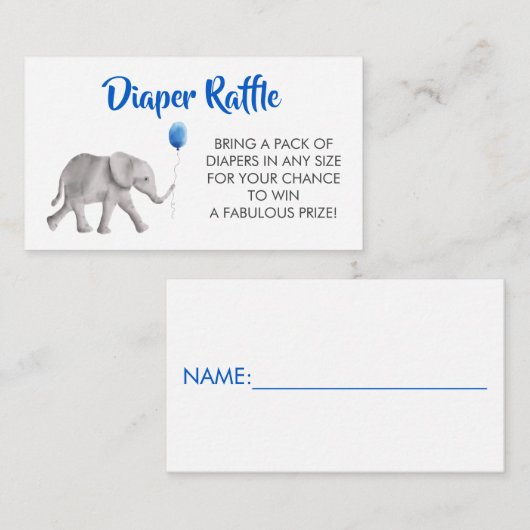 Luier Raffle Ticket Olifant Baby shower, Blauw Informatiekaartje (Voorkant / Achterkant)