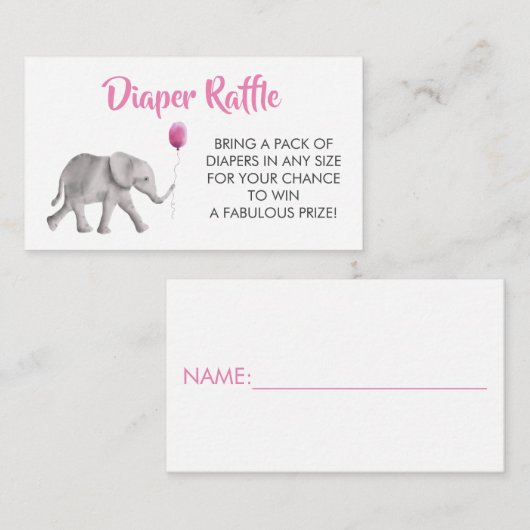 Luier Raffle Ticket Olifant Baby shower, Roze Informatiekaartje (Voorkant / Achterkant)