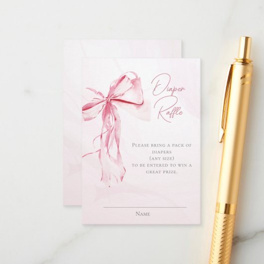 Luier Raffle Waterverf Roze Bow Girl Baby shower Informatiekaartje (Voorkant / Achterkant in situ)