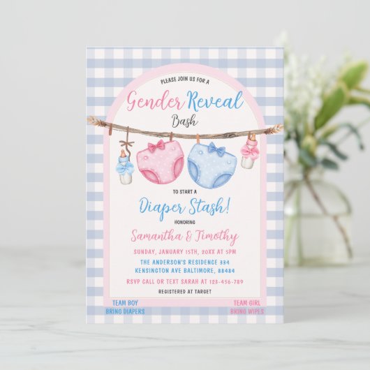 Luier Stash Boy of Girl Gingham Genderonthulling Kaart (Staand voorkant)