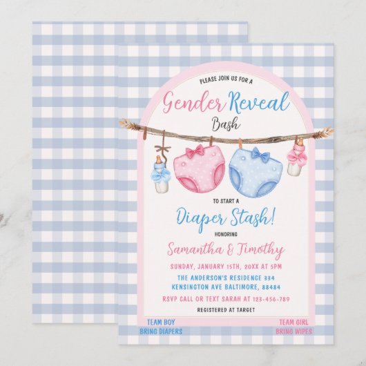 Luier Stash Boy of Girl Gingham Genderonthulling Kaart (Voorkant / Achterkant)