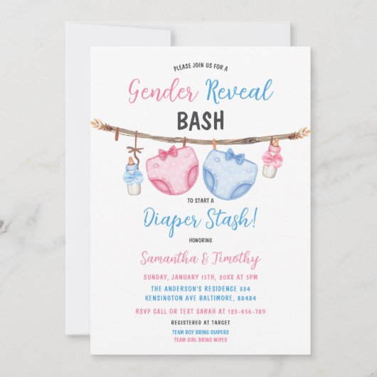 Luier Stash Clothesline Hij of zij onthullen gesla Kaart (Voorkant)