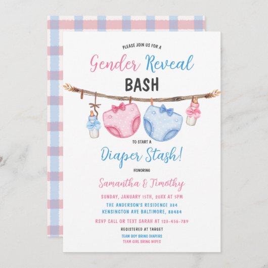 Luier Stash Clothesline Hij of zij onthullen gesla Kaart (Voorkant / Achterkant)