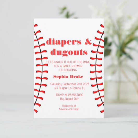 Luiers en Dugouts Honkbal Baby shower Invite Kaart (Staand voorkant)