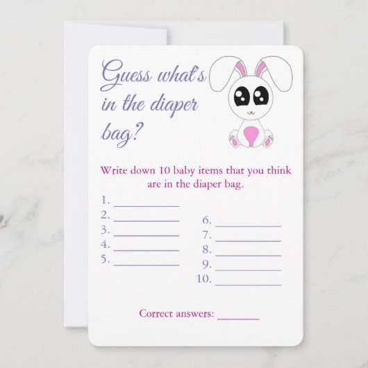 Luiertas, Baby shower Game Kaart Flyer, Konijn (Voorkant)