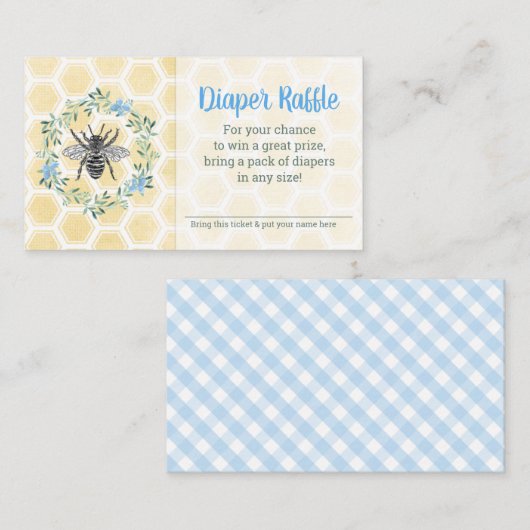 Luiervliegbiljet bijenhoningraat blauwe gingham informatiekaartje (Voorkant / Achterkant)