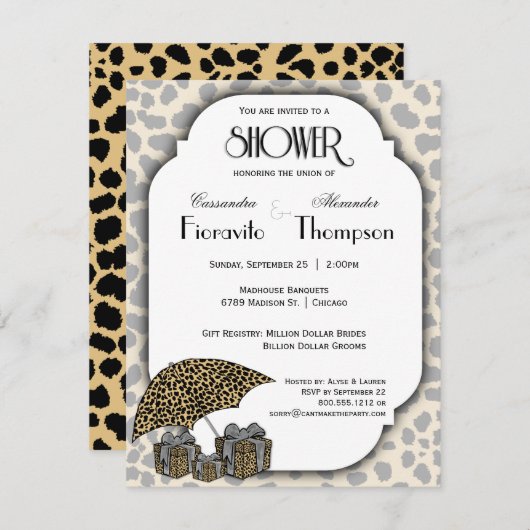Luipaard afdrukken en Silver Accent Shower uitnodi Kaart (Voorkant / Achterkant)