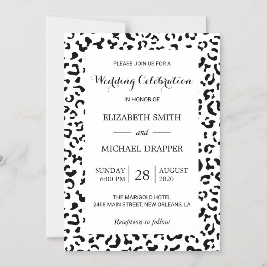 Luipaard afdrukken, spuiten, zwart en wit, bruilof magnetische uitnodiging (Voorkant)
