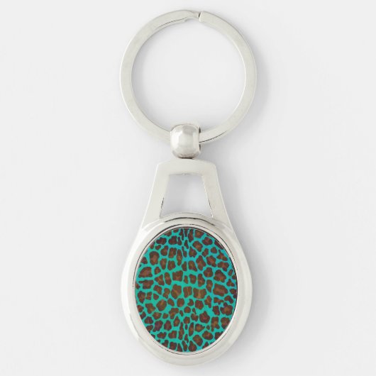 Luipaard Bruin en Turkoois Print Sleutelhanger (Voorkant)