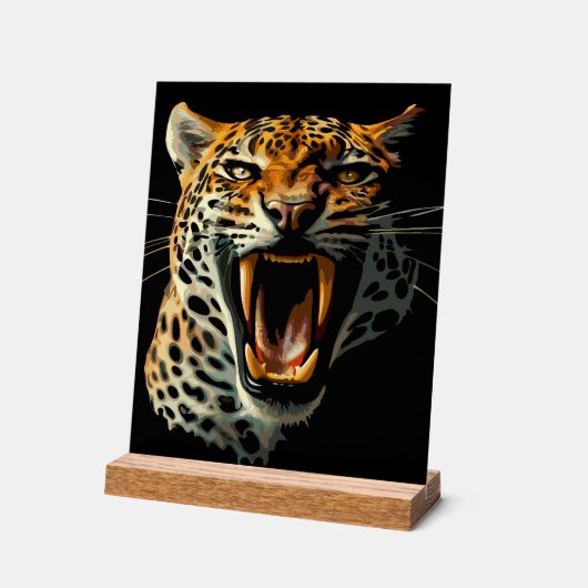 Luipaard brullende aanvalskop acryl bord (Hoek)