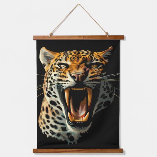 Luipaard brullende aanvalskop hangend wandkleed (Voorkant)
