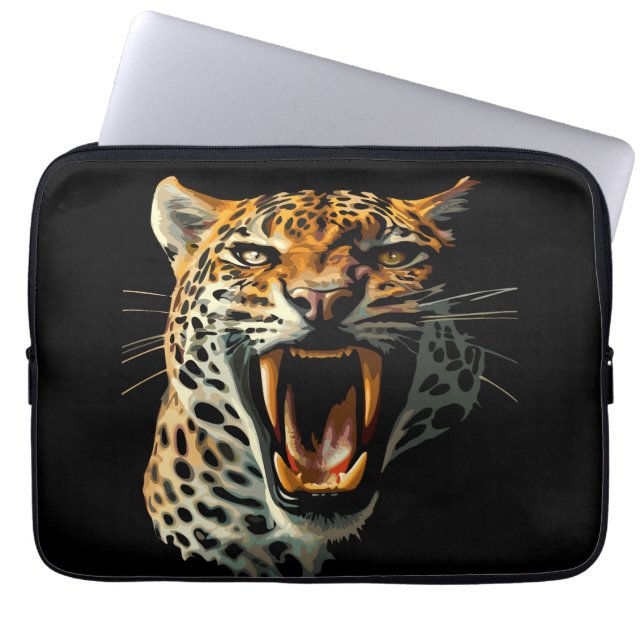 Luipaard brullende aanvalskop laptop sleeve (Voorkant)