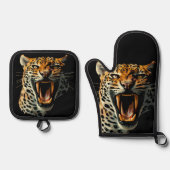 Luipaard brullende aanvalskop ovenwant & pannenlap set (Voorkant)