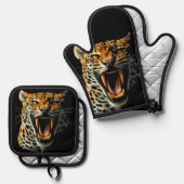 Luipaard brullende aanvalskop ovenwant & pannenlap set (Voorkant / Achterkant)