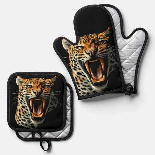 Luipaard brullende aanvalskop ovenwant & pannenlap set (Voorkant / Achterkant)