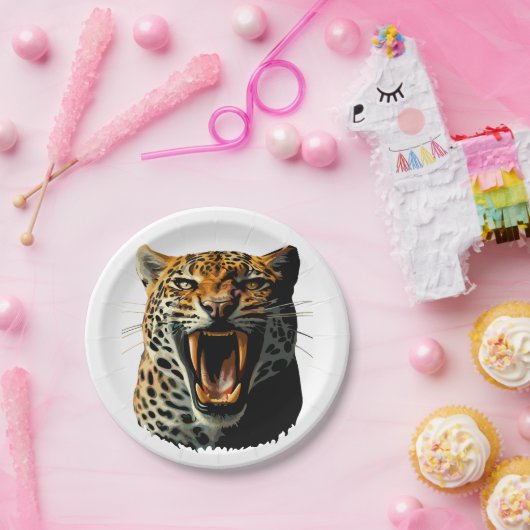 Luipaard brullende aanvalskop papieren bordje (Feest)