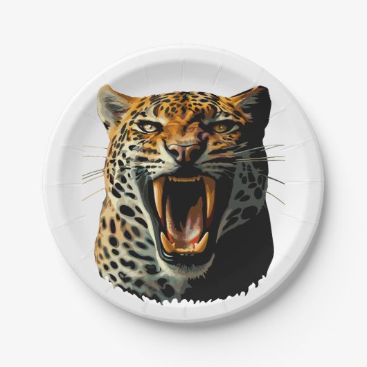 Luipaard brullende aanvalskop papieren bordje (Voorkant)