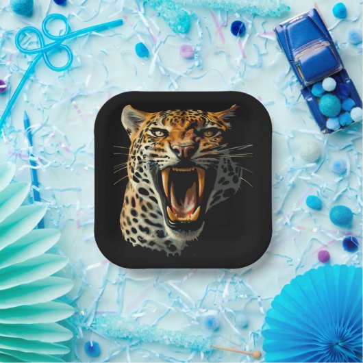Luipaard brullende aanvalskop papieren bordje (Feest)