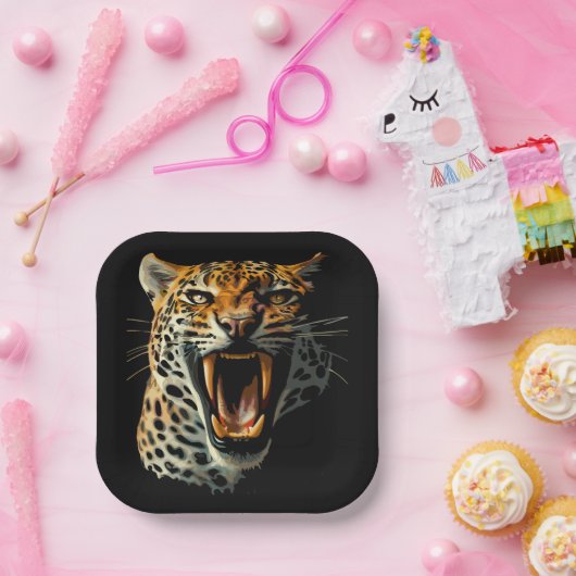 Luipaard brullende aanvalskop papieren bordje (Feest)