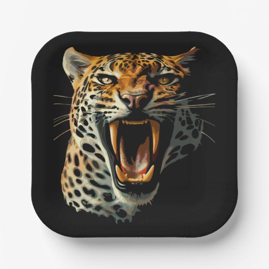 Luipaard brullende aanvalskop papieren bordje (Voorkant)