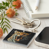 Luipaard brullende aanvalskop sleutelhanger (Voorkant Rechts)