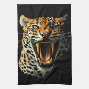 Luipaard brullende aanvalskop theedoek