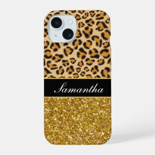 Luipaard cheetah patroon gouden glitter iPhone 15 case
