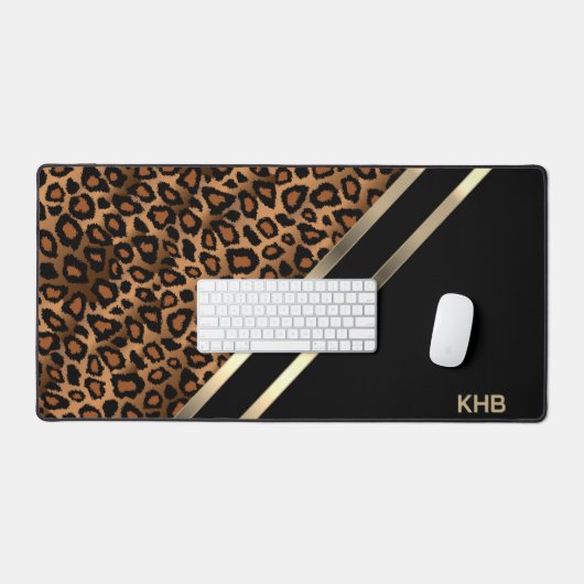 Luipaard Dierenprint, Goud en Zwart - Monogram Bureaumat (Keyboard & Muis)