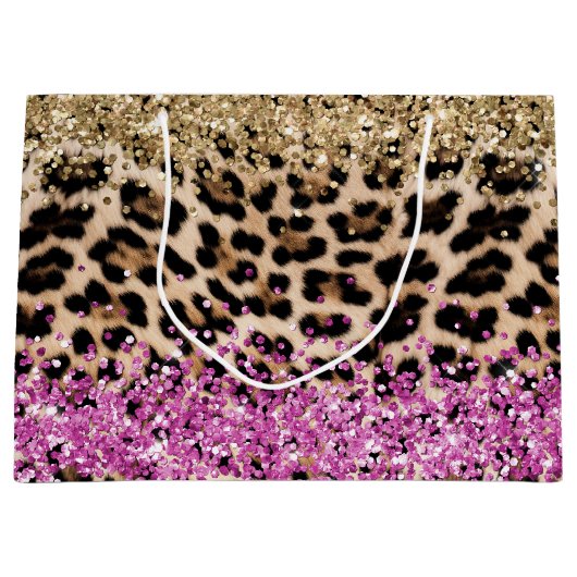 Luipaard Dierenprint Goud Roze Glitzy Glitter Groot Cadeauzakje (Voorkant)