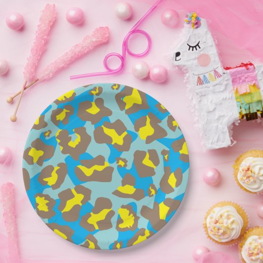 Luipaard dierenprint in blauw, bruin en geel papieren bordje (Feest)