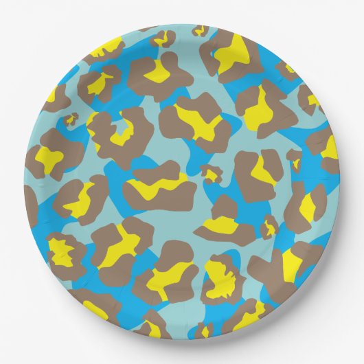 Luipaard dierenprint in blauw, bruin en geel papieren bordje (Voorkant)