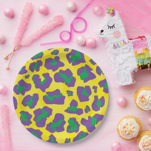 Luipaard dierenprint in paarse, groene en gele papieren bordje (Feest)