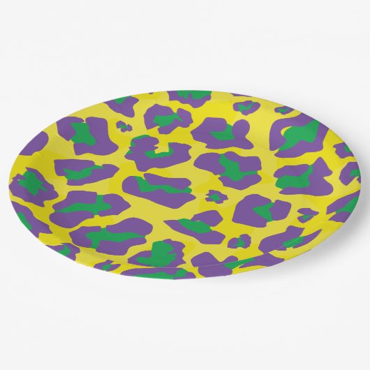 Luipaard dierenprint in paarse, groene en gele papieren bordje (Gekanteld)