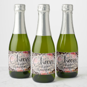Luipaard Dierenprint Tropisch Roze Bloem Mini Sparkling Wijnetiket