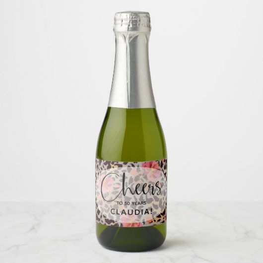 Luipaard Dierenprint Tropisch Roze Bloemen Mini Sparkling Wijnetiket (Voorkant)