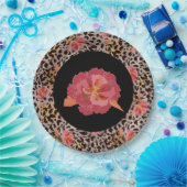 Luipaard Dierprint en Roze Bloemen op Zwart Papieren Bordje (Feest)