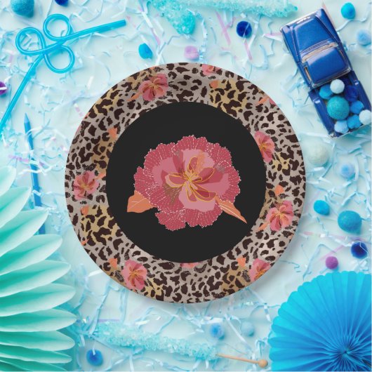 Luipaard Dierprint en Roze Bloemen op Zwart Papieren Bordje (Feest)