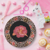 Luipaard Dierprint en Roze Bloemen op Zwart Papieren Bordje (Feest)