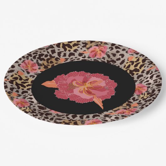 Luipaard Dierprint en Roze Bloemen op Zwart Papieren Bordje (Gekanteld)