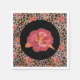 Luipaard Dierprint en Roze Bloemen op Zwart Servet