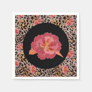 Luipaard Dierprint en Roze Bloemen op Zwart Servet