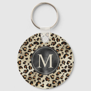 Luipaard Dierprint Met Zwarte Nep Folie Monogram Sleutelhanger