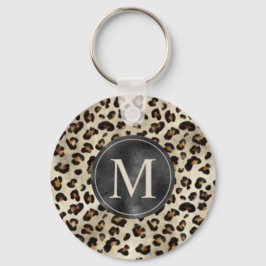 Luipaard Dierprint Met Zwarte Nep Folie Monogram Sleutelhanger (Voorkant)