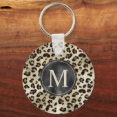 Luipaard Dierprint Met Zwarte Nep Folie Monogram Sleutelhanger (Voorkant)