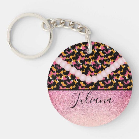 Luipaard Dierprint Roze Parel Sleutelhanger (Voorkant)