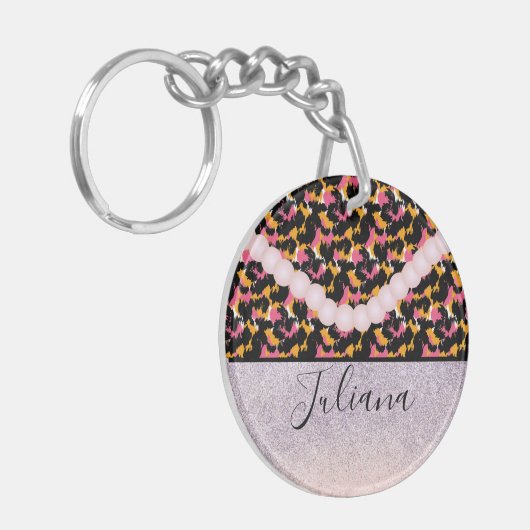 Luipaard Dierprint Roze Parel Sleutelhanger (Voorkant Links)