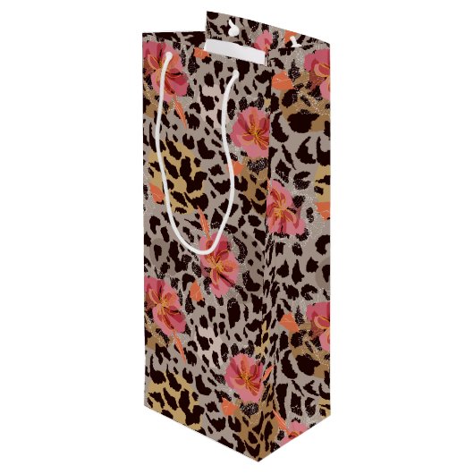 Luipaard Dierprint Tropische Roze Bloemen Wijn Cadeautas (Achterkant Gekanteld)