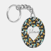 Luipaard Dierprint Turquoise Oranje Hart Sleutelhanger (Voorkant Links)